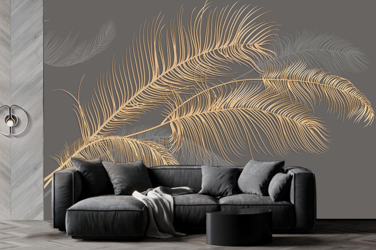3D Silk Panoramic Wallpaper, 500 x 280 cm Large Gold Feather, Large Wall Poster for Living Room Adult, Children's Room