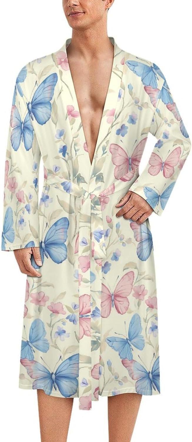 Butterflies Flowers Men's Robe Soft Bathrobe V Neck Loungewear Sleepwear Nightgown Dressing Gown