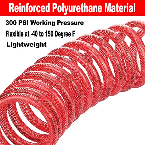 Yotoo Recoil Air Hose Reinforced Polyurethane 1/4" Inner Diameter By 10' Long With Bend Restrictor, 1/4" Swivel Industrial Quick Coupler And Plug, Red #TOP2