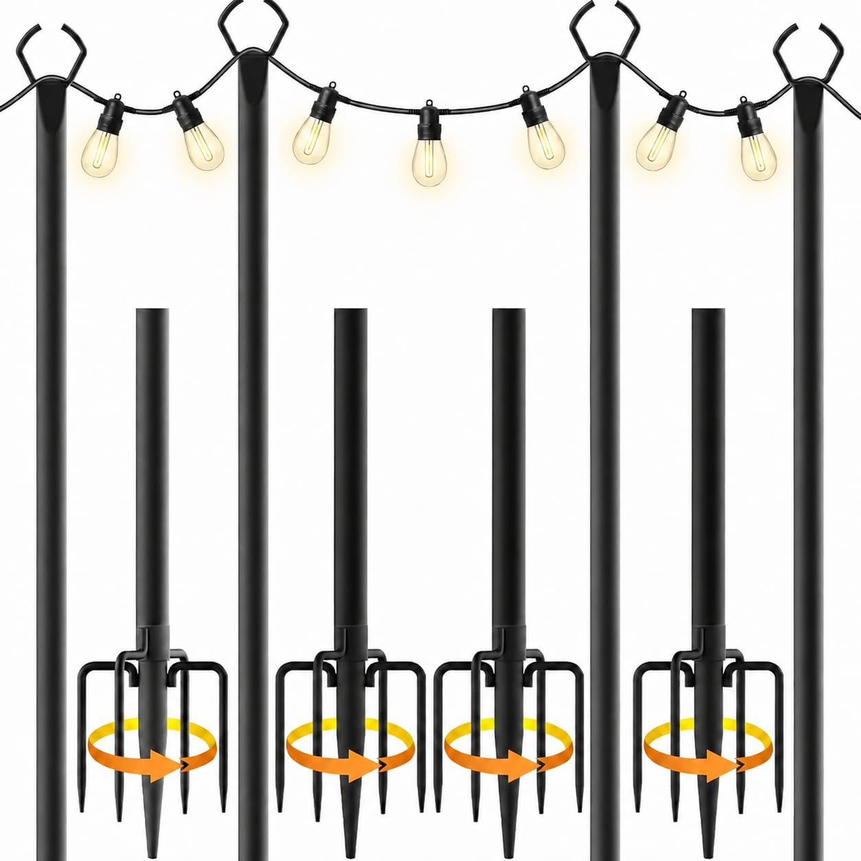 Lot de 4 Poteaux pour Guirlande Lumineuse Extérieur 3 m, Mâts en Métal Noir 2 en 1 avec Piquet 5 Dents, Supports Jardin Terrasse