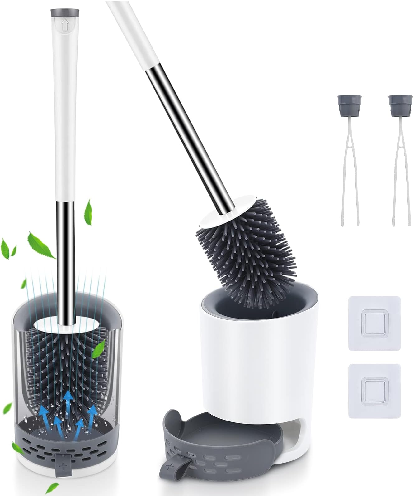 Lemecima 2 Pcs Toilet Brushes & Holders Silicone Toilet Brush with Quick Drying Holder Hidden Tweezers Flexible Toilet Bowl Brush with Adhesive Hooks Flooring/Mounted Wall for Toilet Bathtub Washstand