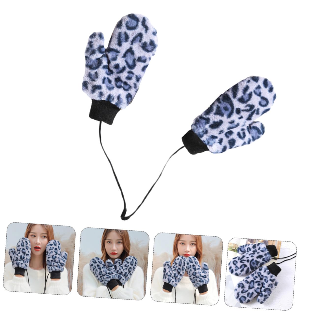 Didiseaon Windproof Warm Riding Gloves Leopard Pattern Thicken Neck Hanging Cold Weather Gloves