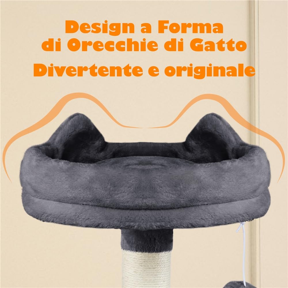 Yaheetech Albero Tiragraffi per Gatti Adulti Grandi Medi con Giocattolo Gioco Palle in Corda Sisal Naturale 61 x 49 x 158 cm Grigio Scuro
