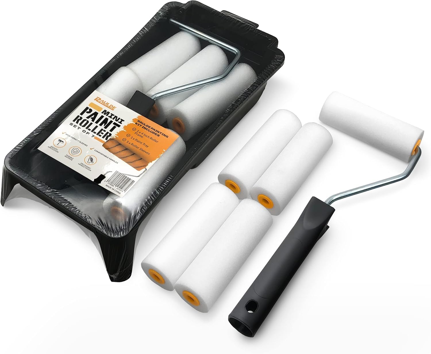 RAULDE 7 Pieces Mini Paint Roller Set - Includes a Paint Tray, Mini Rollers & Sleeves - Small Paint Roller Set for Painting Walls and Edges