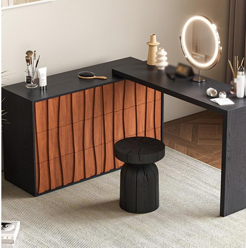 化粧台 狭いスペース用のシックなヴィンテージ無垢材化粧台 - レトロな6段引き出し収納キャビネット