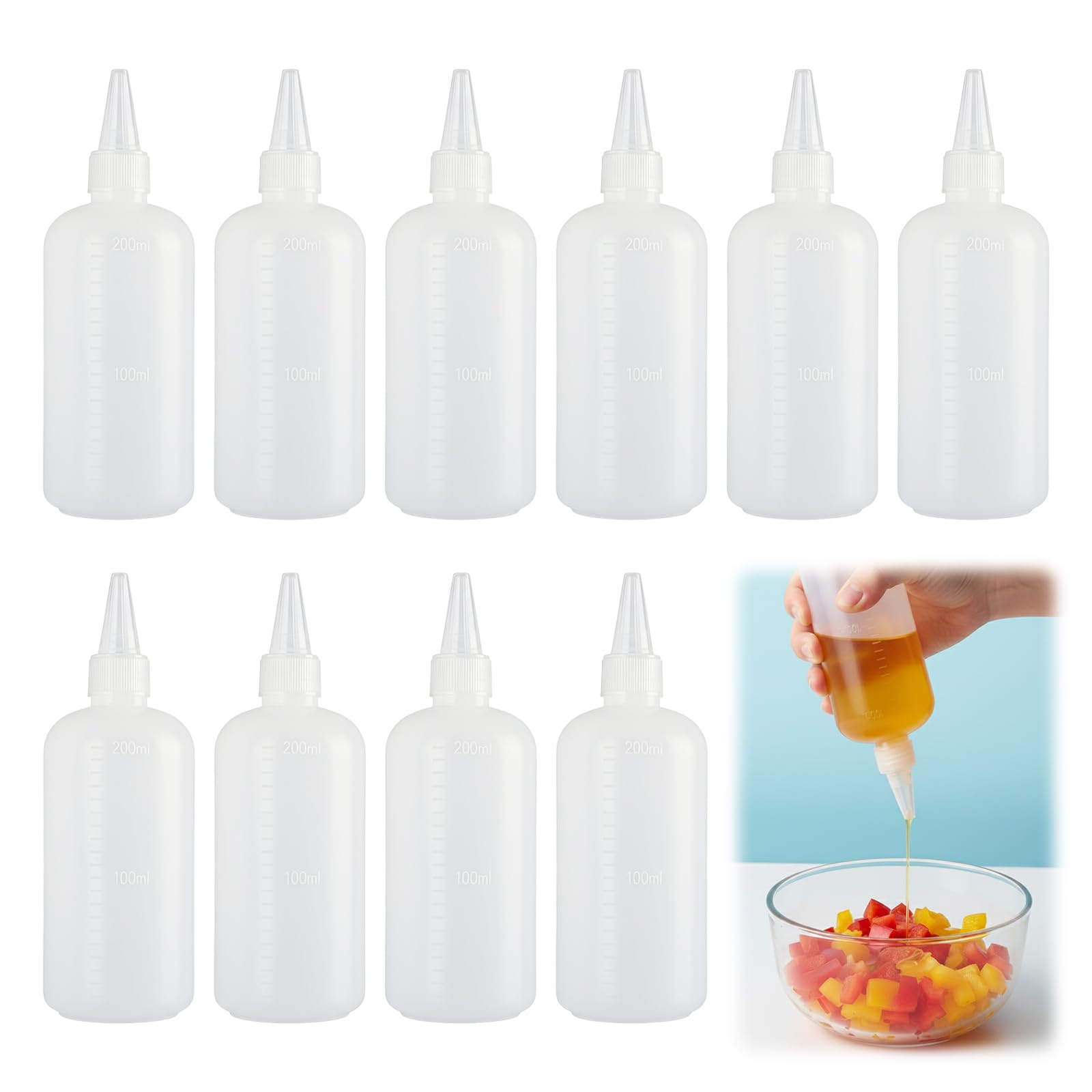 Rthynti Squeezy Bottles, 10 PCS 200 ml Squeeze Condiment Bottle, Tip Applicator Bottle for BBQ Sauce Oil Ketchup Pigment Liquid