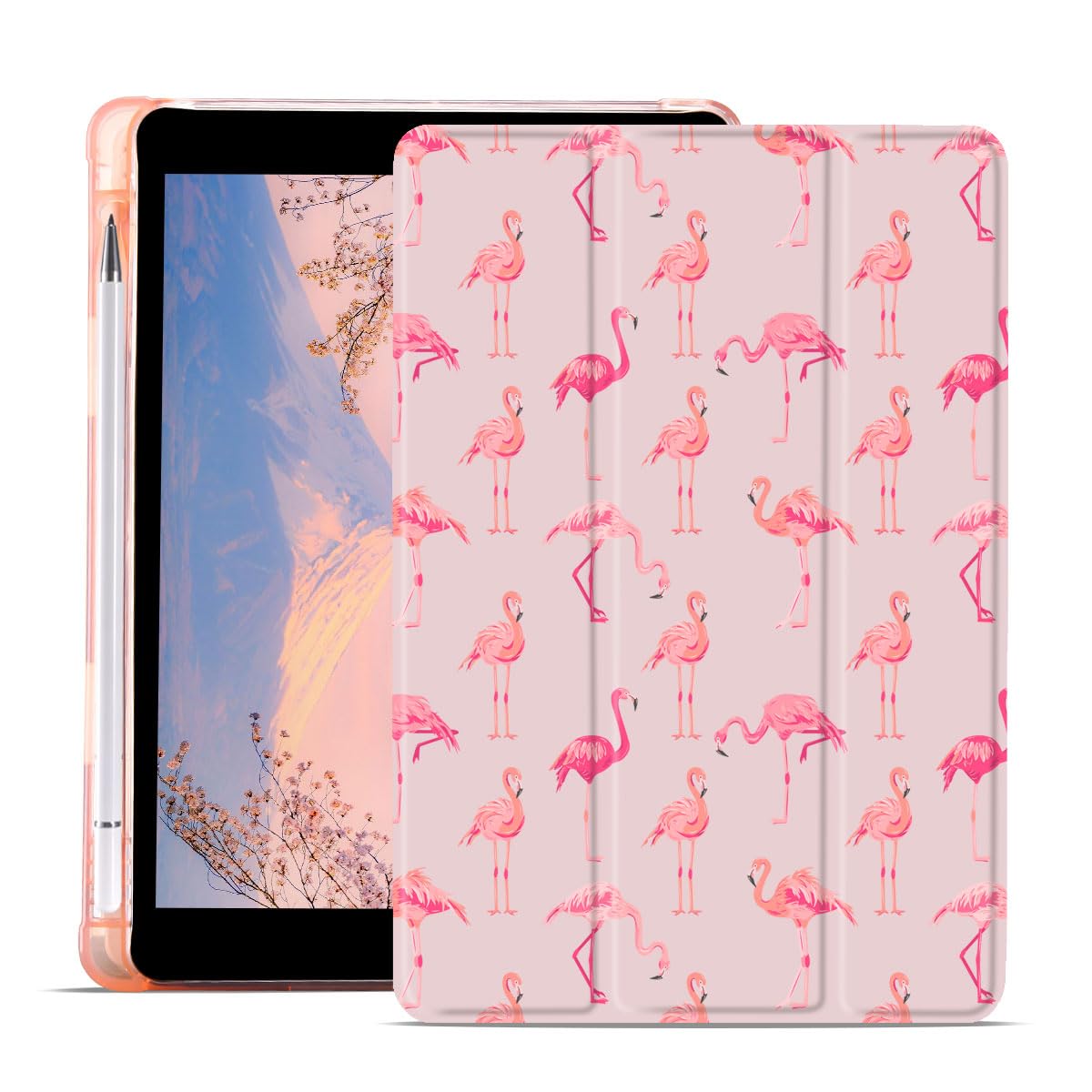 JOYLAND Flamingo Pad Case for iPad 2022/10th Generation 10.9 Inch with Pencil Holder Tropical Style Pink Leather Soft TPU Protective Cover Trifold