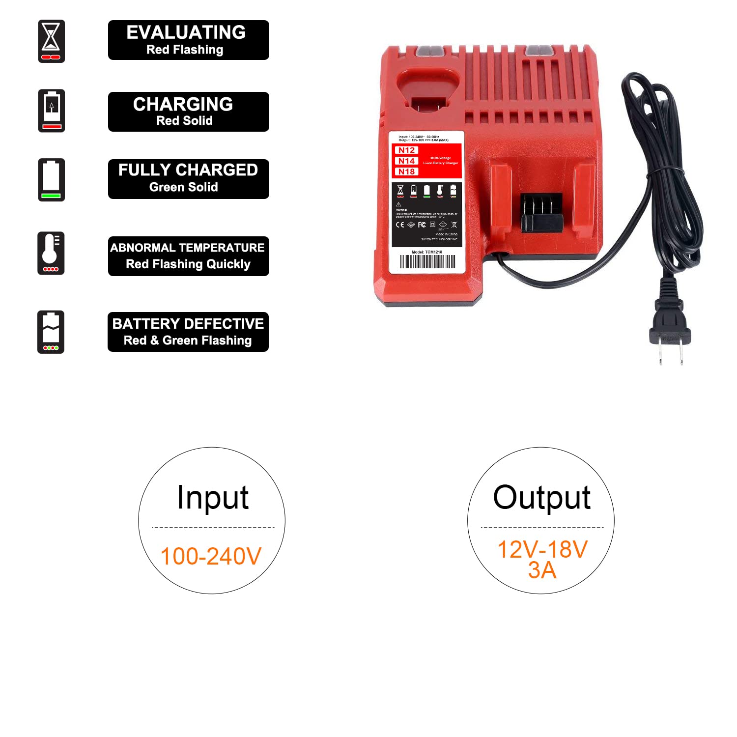 SKYON Caricabatterie di ricambio per caricabatterie rapido 48-59-1812, 18 V, 12 V, compatibile con caricabatterie Milwaukee M-12 M-18 48-11-1860 48-11-1850 48-11-1880 48-11-1840 -11-201.