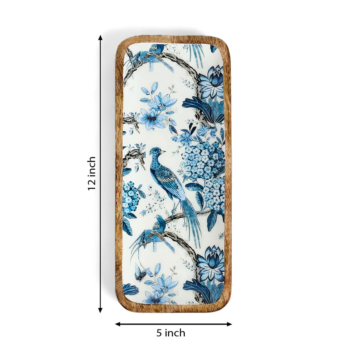SAAGA Mango Wood Florida Printed Rectangular Platter - 12 Inch X 5 Inch - Tray for Kitchen & Dining, Ideal for Snacks, Fruits, & Desserts - Brown & White 1