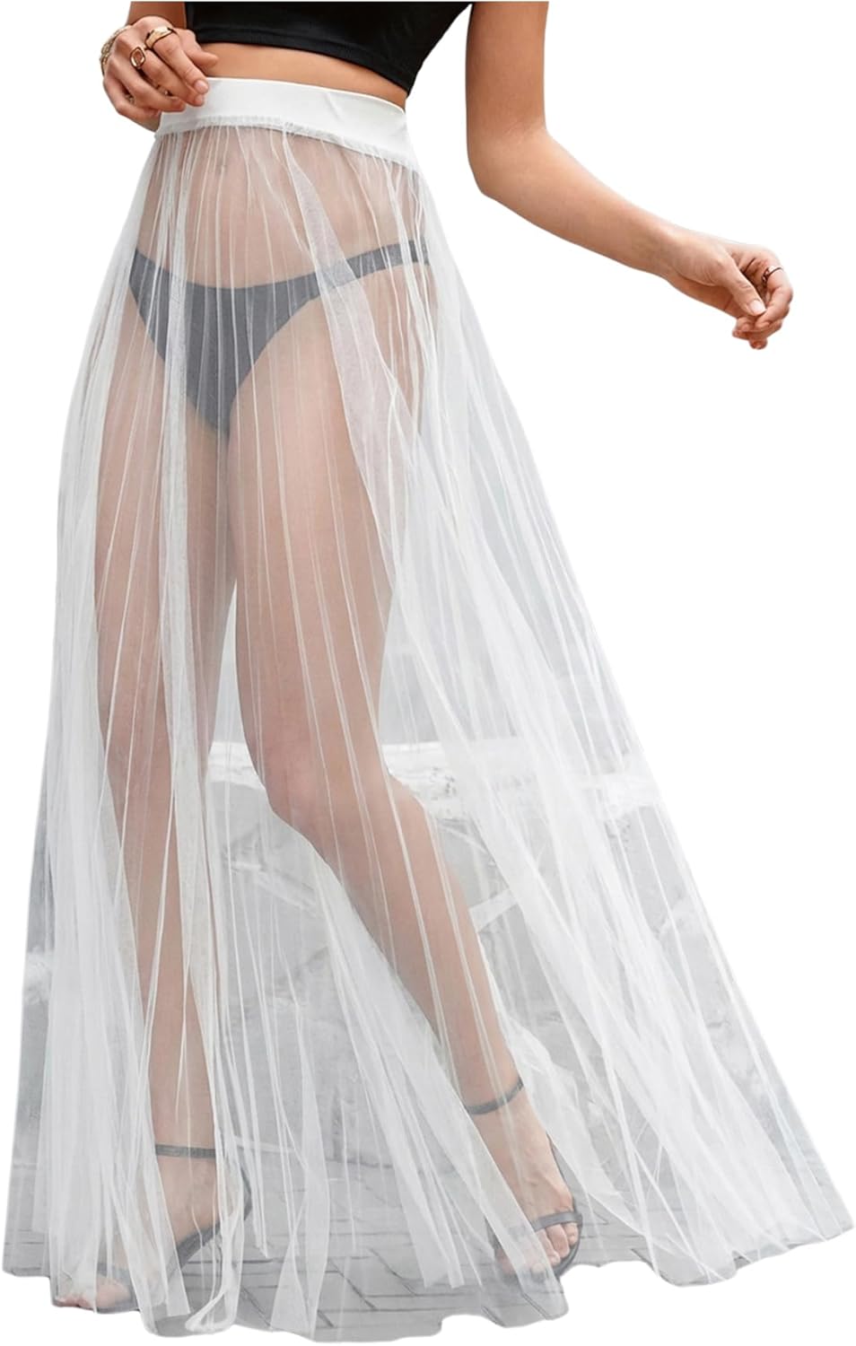 OYOANGLE Women's Sheer Mesh Maxi Flowy Skirt High Waist Vacation Concert Bridal A Line Long Skirts