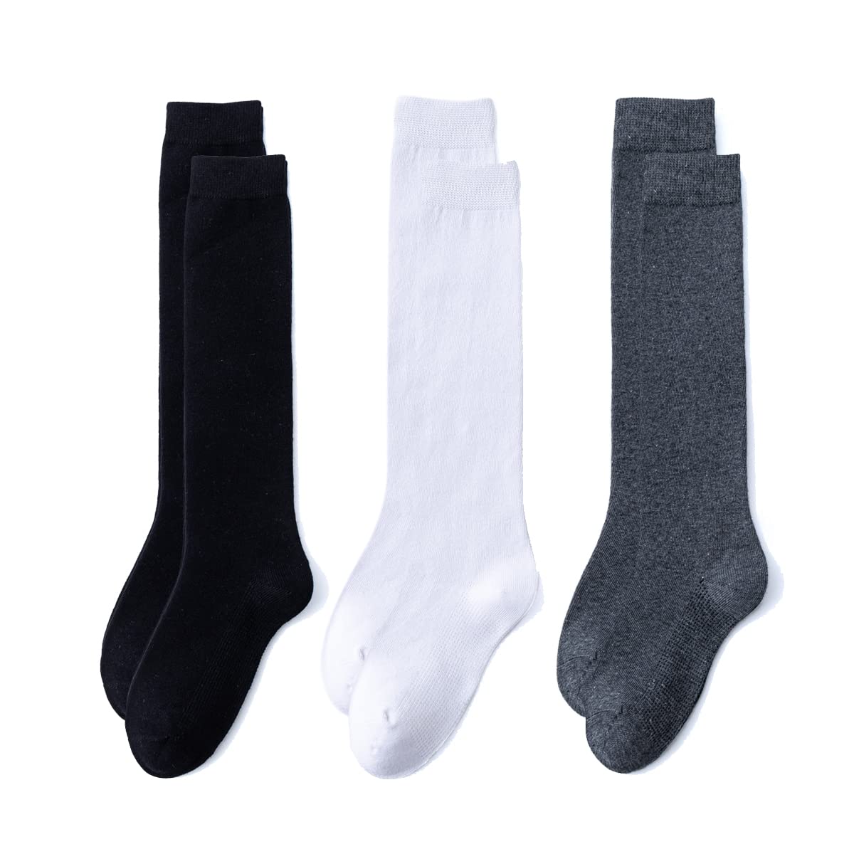 Marchare Calcetines hasta la rodilla para niñas, uniformes escolares, calcetines de algodón sin costuras, color blanco, negro y gris, paquete de 3/6