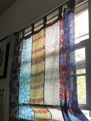 Indian Old Vintage Sari Curtains Blue Color Hippie Decor Silk Curtain Door Drape Window Decor Silk Sari Recycle Patchwork Curtains By Bmk Fashion (84'' X 43'') (Multicolor) #TOP2