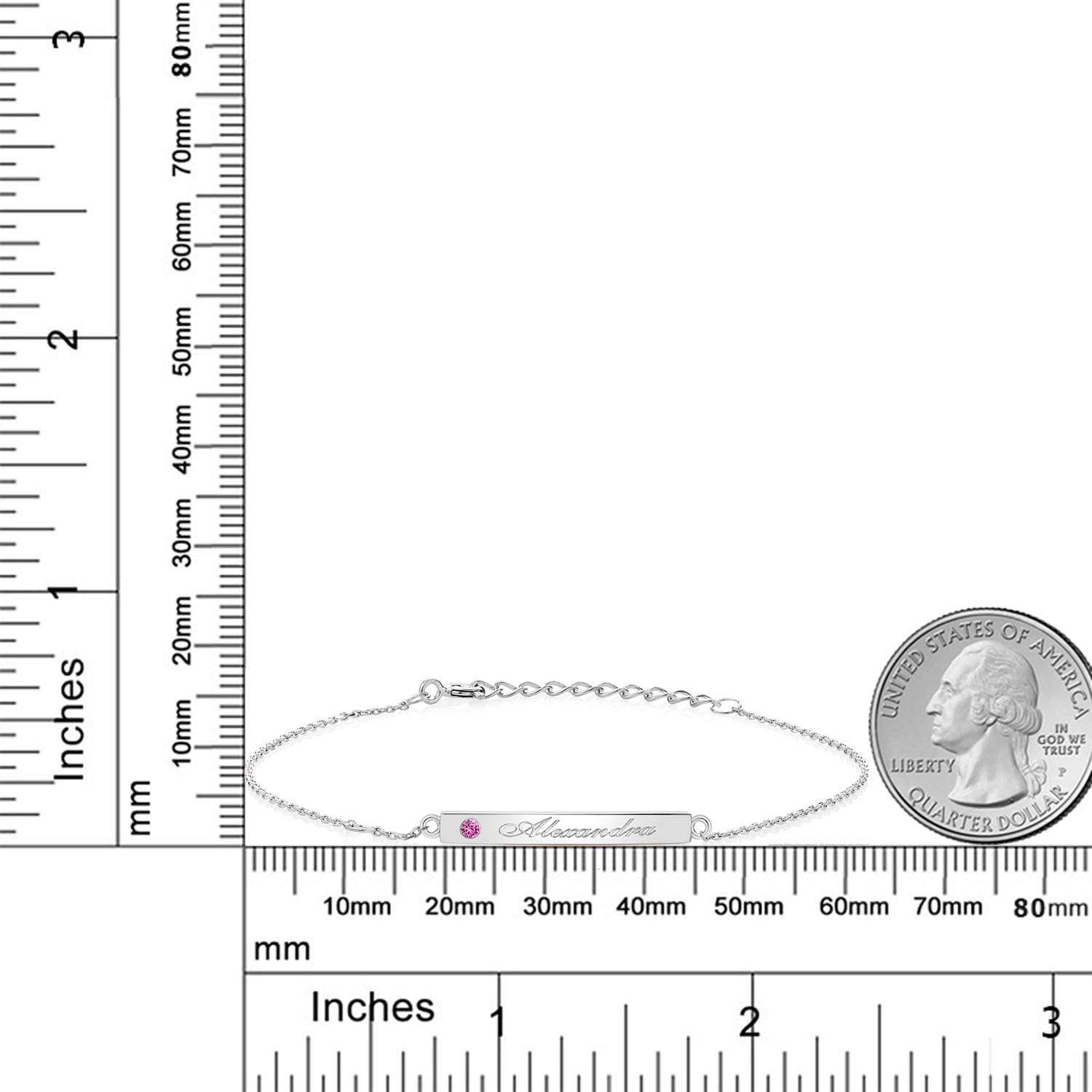 Gem Stone King Customized and Personalized Custom Engraved Chain ID Name Bar Bracelet For Women | 925 Sterling Silver | 2MM Round Gemstone Birthstone | Name ID Bar 27X3MM | 7 + 1 Inch Extender