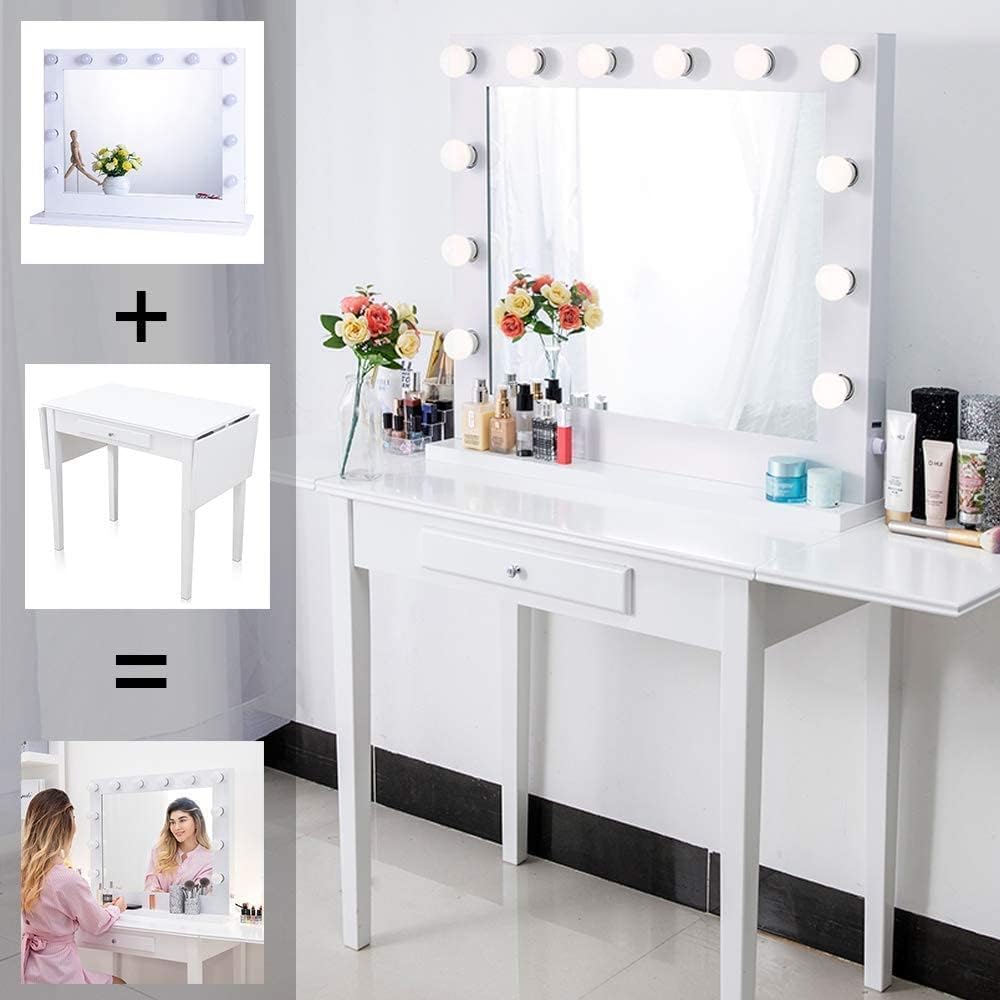 Chende White Wooden Vanity Set with Hollywood Lighted