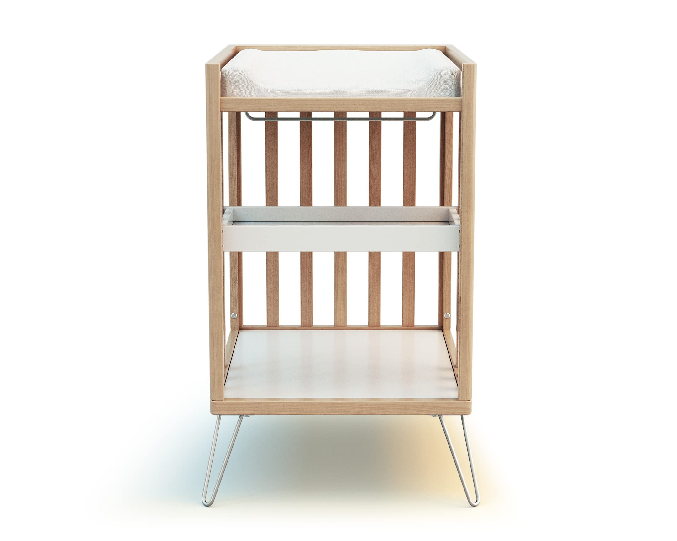 Przewijak z 2 drewnianymi półkami TYLKO Stal| 76 x 56 x 94 cm | Z tacą, półką i szafą | Kompaktowy | Stabilny na stalowych nogach