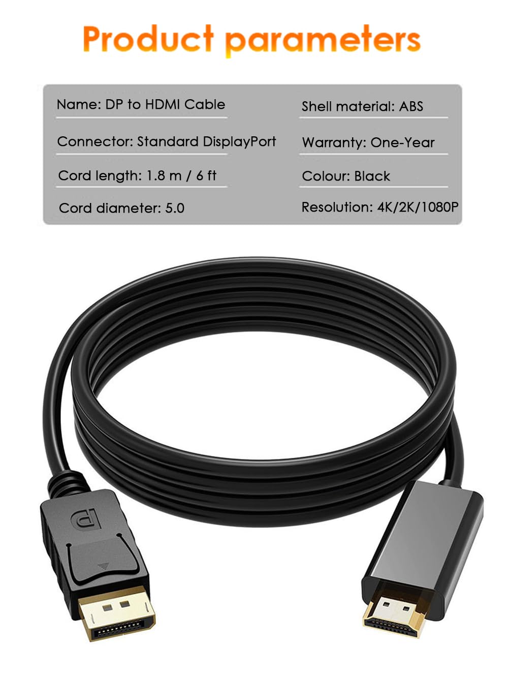 Câble DisplayPort vers HDMI 1,8 m 4K DP vers HDMI pour Moniteur TV Projecteur Dell HP