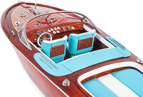 Miniatura 4 de Riva Aquarama - Modelo de barco de 27.5 pulgadas (asientos de cuero azulblanco) - Modelo de decoración de barco de juguete de madera ensamblada,