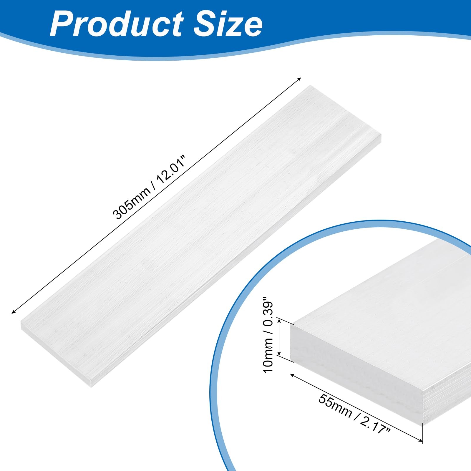 QUARKZMAN Barre Plate en Aluminium Carrée, Épaisseur de 3/8", Largeur de 2-5/32", Longueur de 12", Plaque en Aluminium 6063, Stock de 10 X 55 X 305 mm