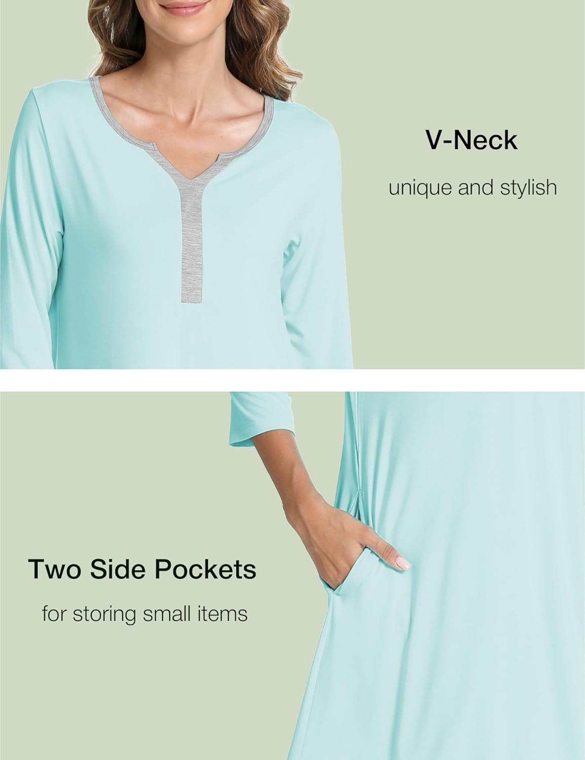 GYS Bamboo Viscose Women's Nightgowns 3/4 Sleeve V Neck Comfy Knee-length Sleepwear - Image 5