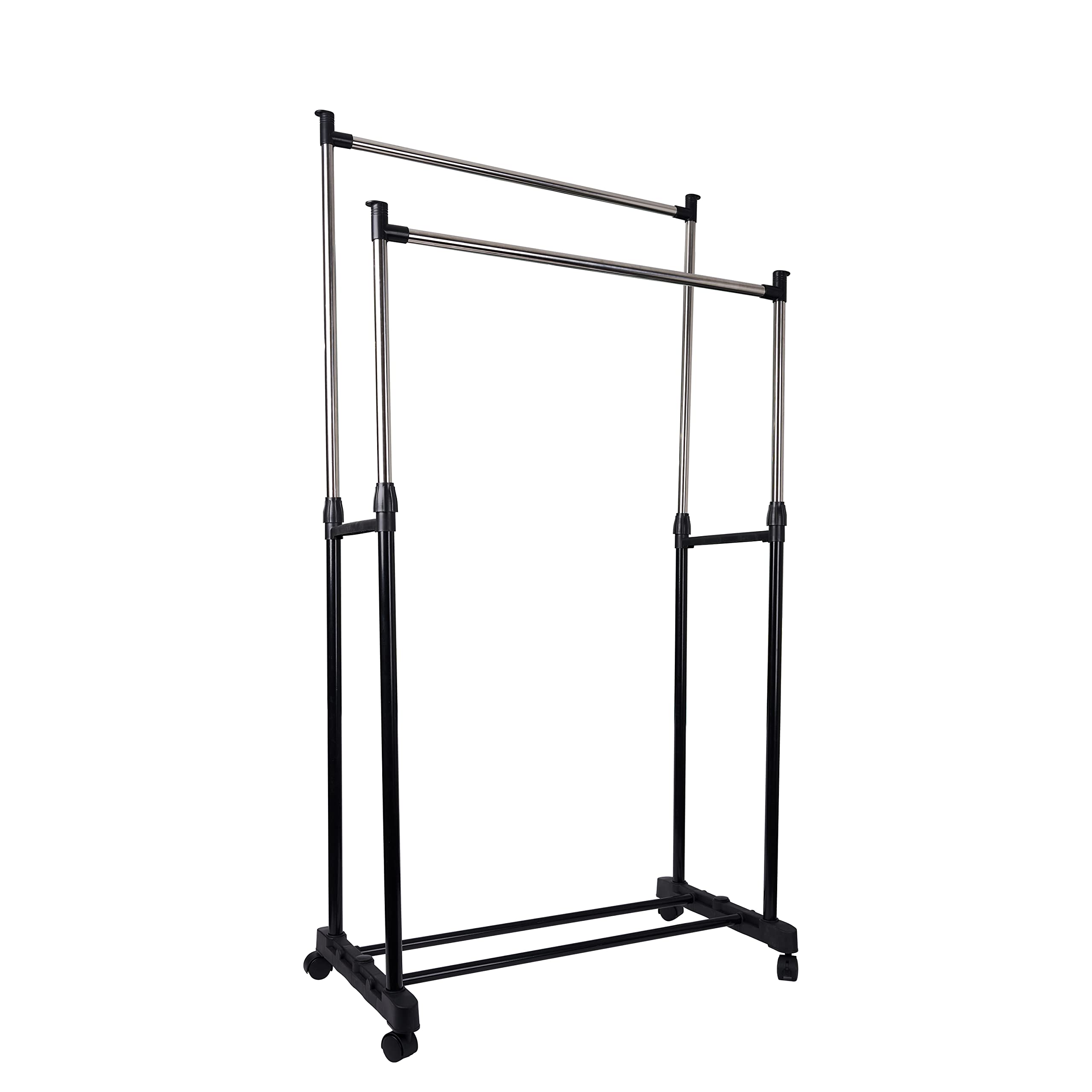 Amos Black & Chrome Adjustable Double Clothes Hanging Rack Portable With Wheels For Wardrobe Garment Organisation Storage (15Kg)