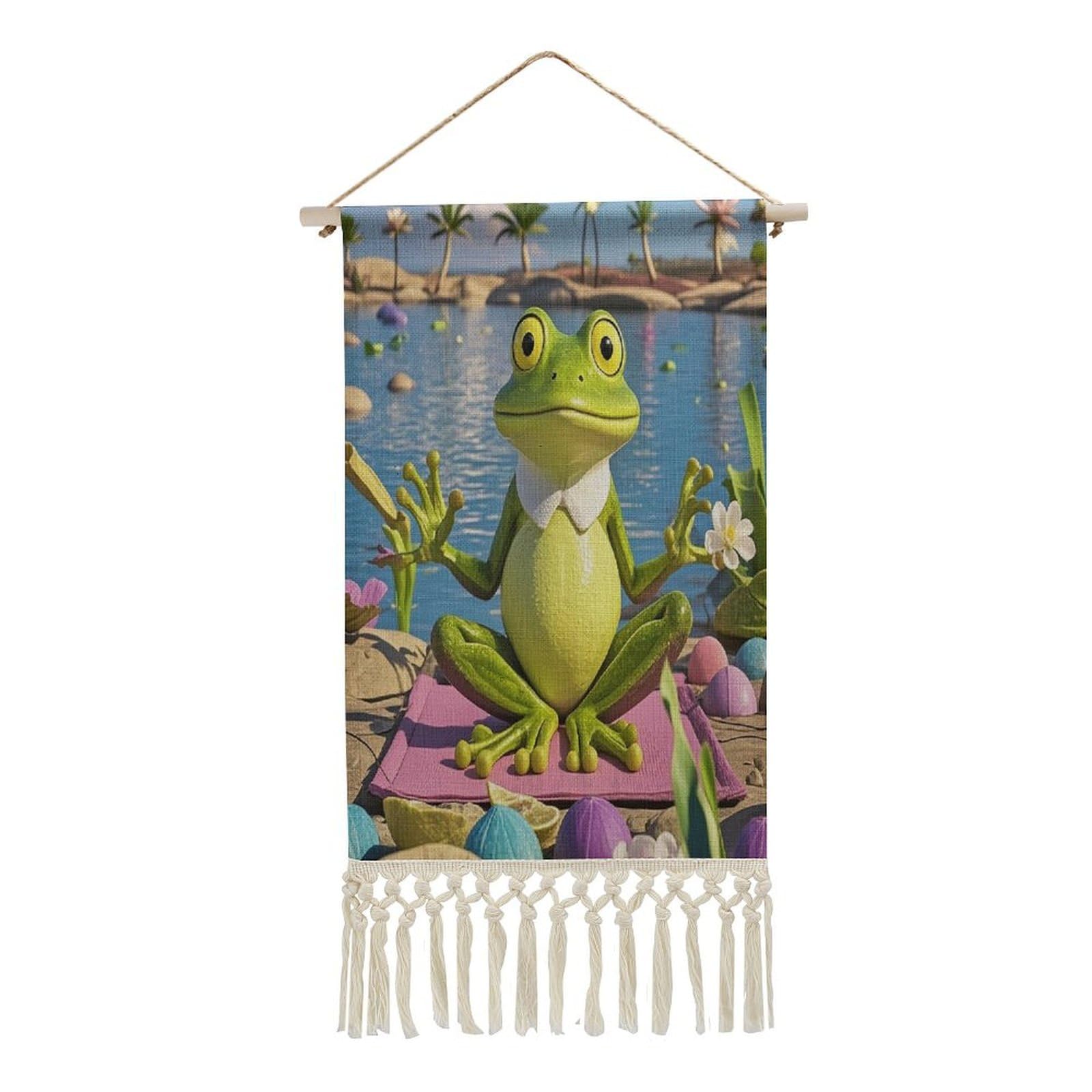 FekiLoot Funny Yoga Frog Wall Art Print Decor Art Tapestry with Tassel Cotton Linen Hanging Poster Vintage Aesthetic Wall Art Poster Rustic Wall Art Decor for Home Bedroom Living Room Office