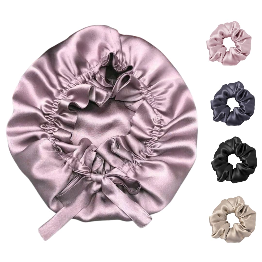 Satin Bonnet for Curly Hair with Scrunchies | Silk Bonnet for Hair|Best Gift Combo of satinn bonnet with 3 Silk Scrunchies HairCap (Rose Taupe)