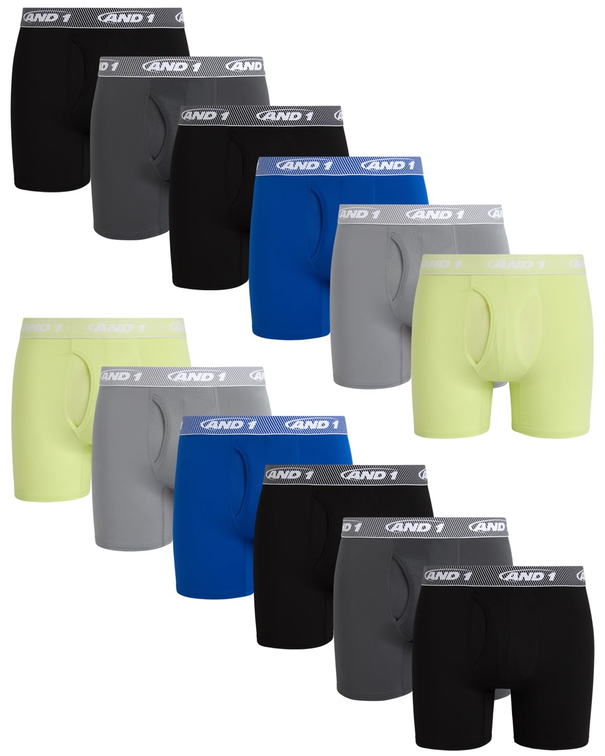 AND1 Mens Boxer Briefs - 12 Pack Platinum Performance Mens Boxers with Fly Pouch - Underwear Boxers for Men, 6" Inseam