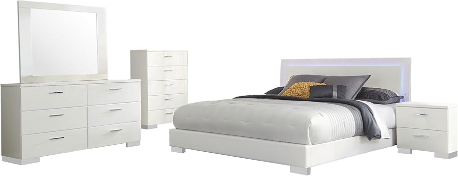 Benzara Sok 5pc King Bedroom Set, Faux Leather Upholstery, High Gloss White