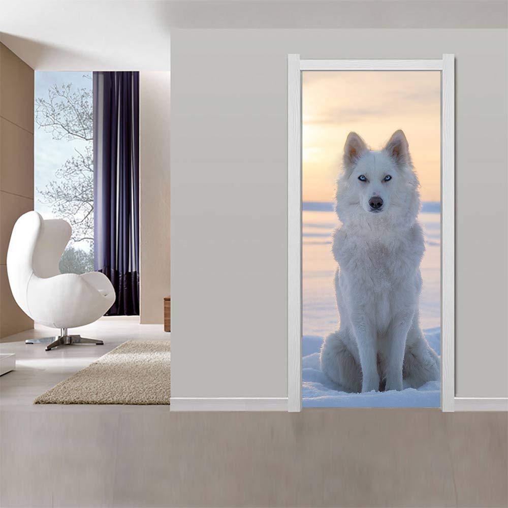 Rénover une porte abîmée avec le sticker loup blanc 3D autocollant et amovible