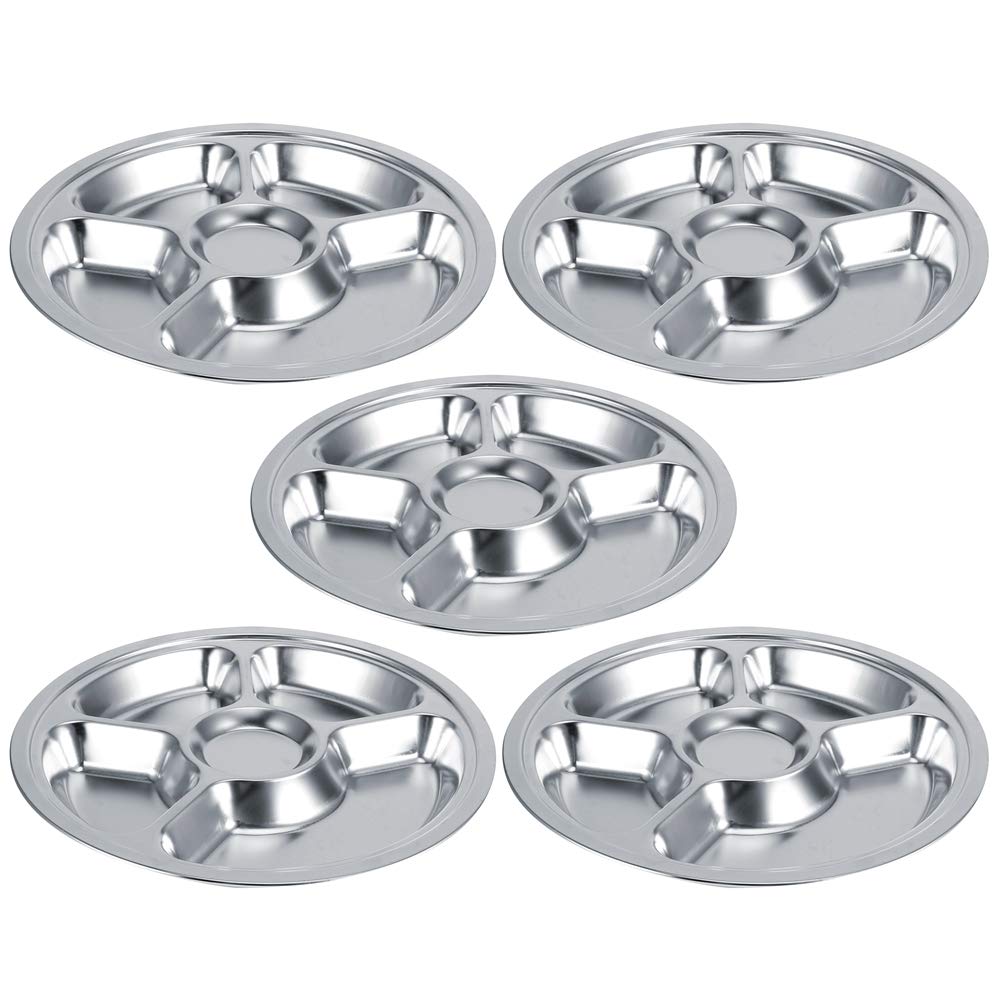 Assiette à dîner, 5 pièces épaissir en acier inoxydable 304 assiette de service ronde divisée réutilisable plateau à dîner vaisselle pour cuisine de cantine