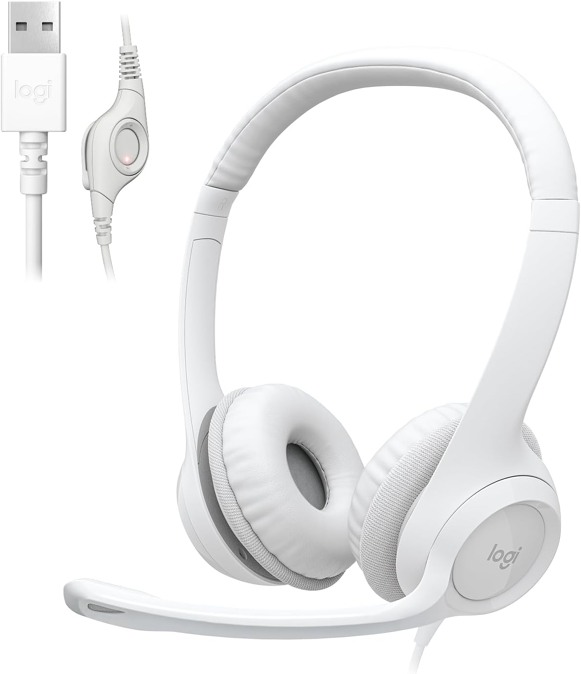 Logitech H390 Wired Headset for PC/Laptop, Stereo Headphones with Noise Cancelling Microphone, USB-A, in-Line Controls, Works with Chromebook - Off White
