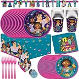 Unique Encanto Birthday Party Supplies | Disney | Pink, Cartoon Pattern | Mirabel, Isabela, Luisa | Banner, Tablecover, Plates, Napkins, Cups, Forks, It's My Birthday! Button