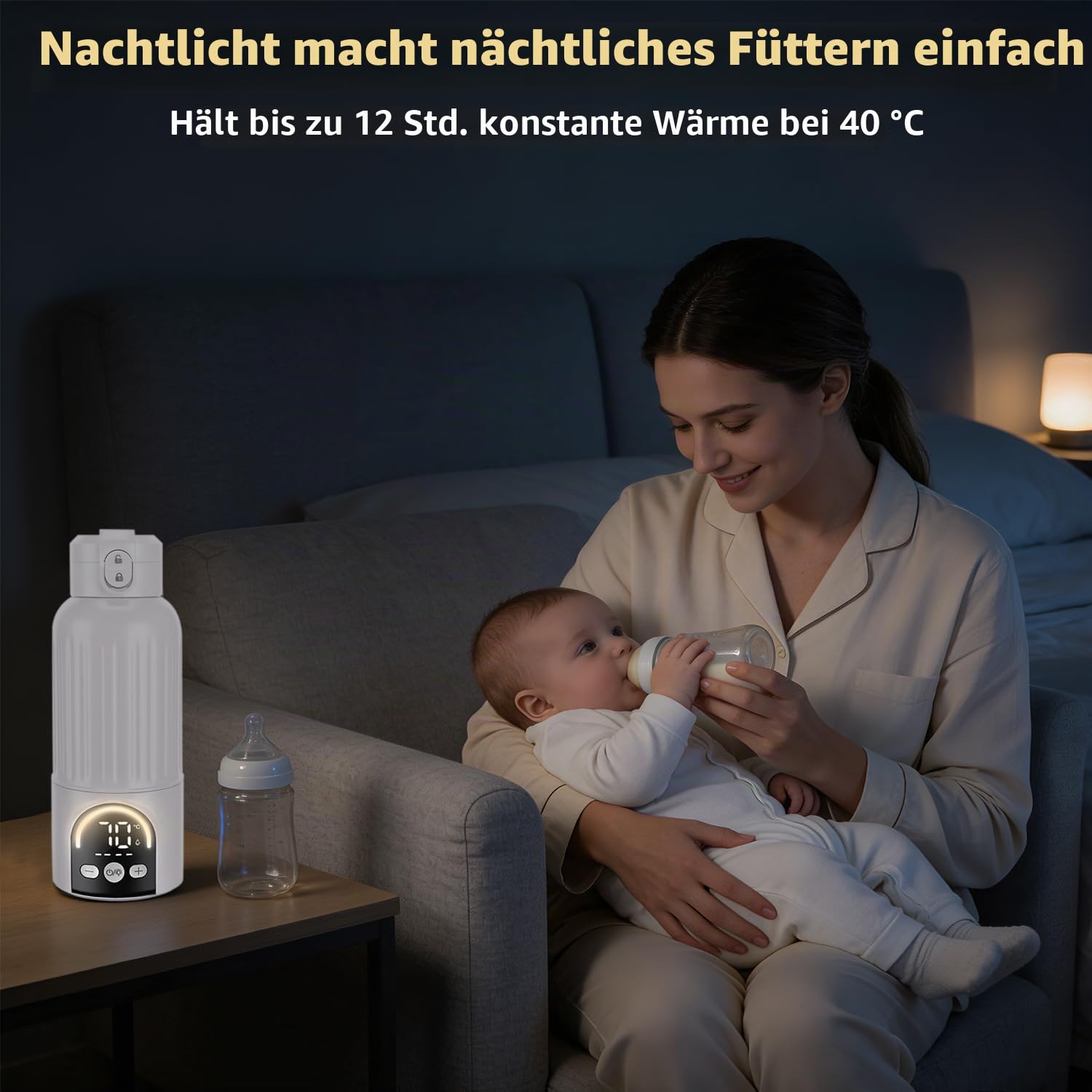 Tragbarer Babyflaschenwärmer für Unterwegs, 500ml Muttermilchwärmer, 12000mAh Akku, 120W Schnellheizung, Temperaturregelung, 2 Heizmodi, mit Reinigungsbürste