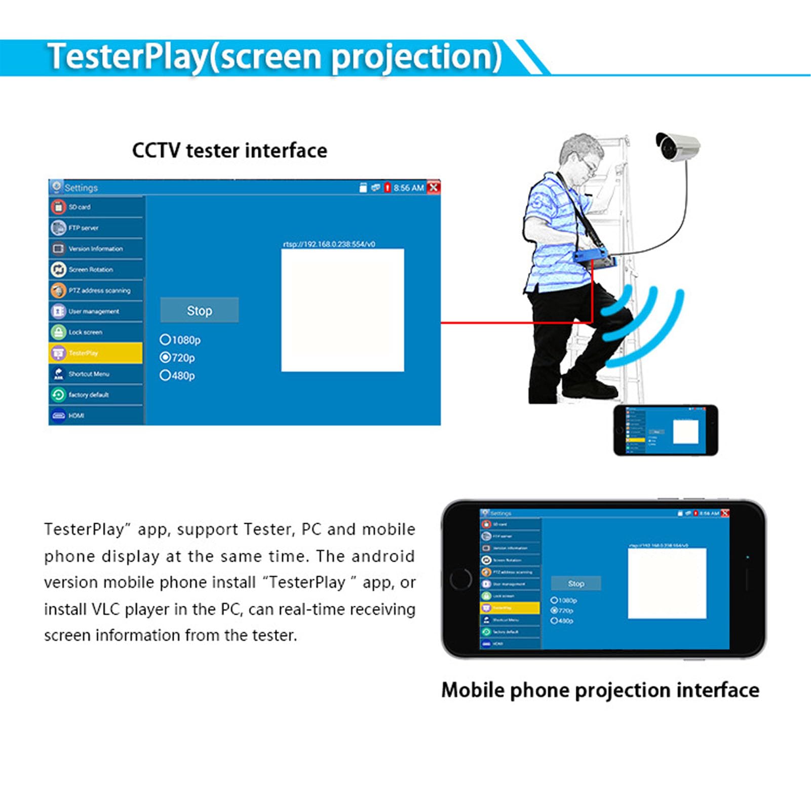 7-Zoll-IPS-Touchscreen-CCTV-Kameratester 4K-CCTV-Kameratester Netzwerk-Videoüberwachungstester 100-240 V mit TVI CVI AHD SDI IP-Kameratest (EU-Stecker)