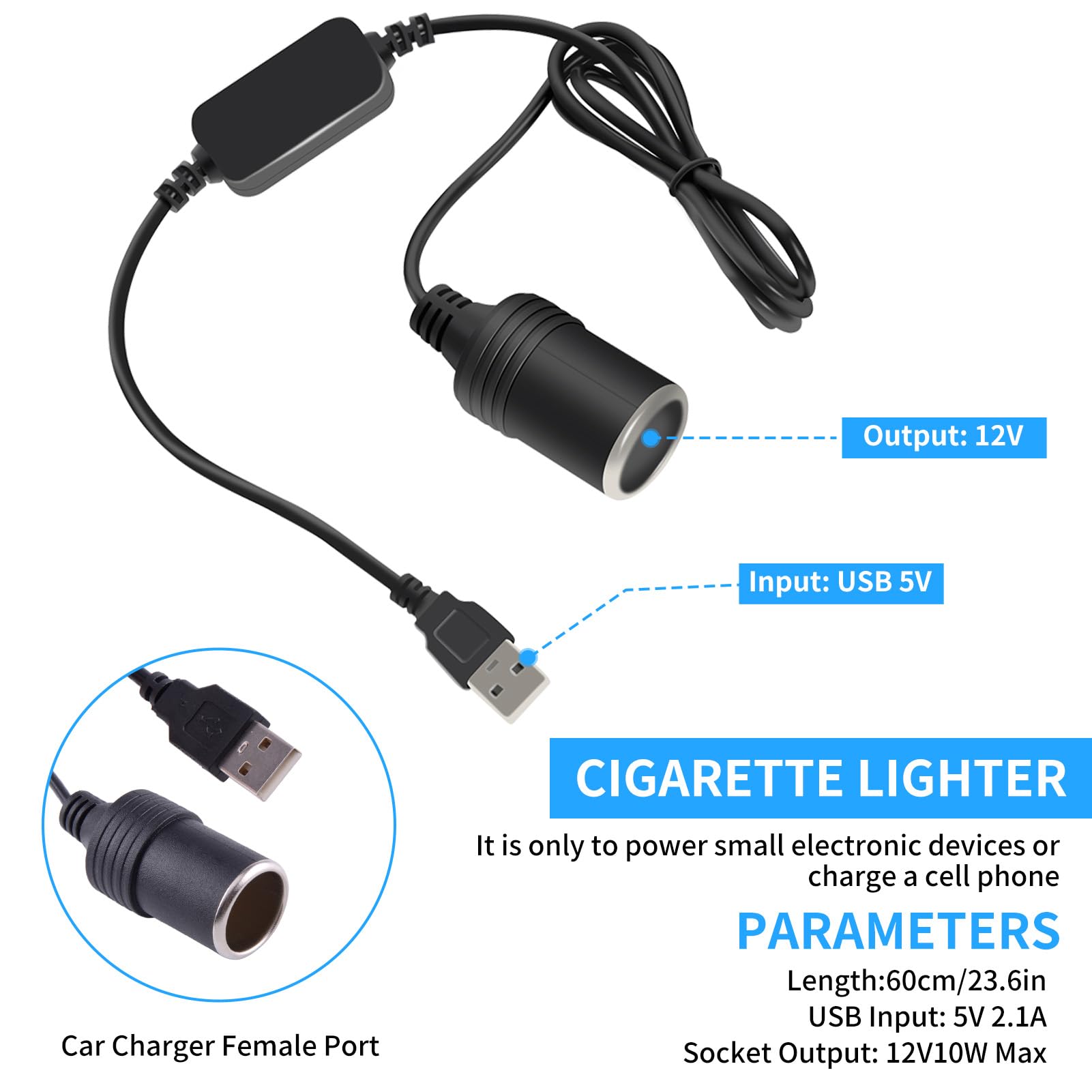 VOBOR Convertitore a Presa Accendisigari per Auto, 5V USB Maschio a 12V Femmina Adattatore USB per Accendisigari, Fotocamera GPS E-Dog Cellulare Galaxy Pixel Tablet, 60 cm