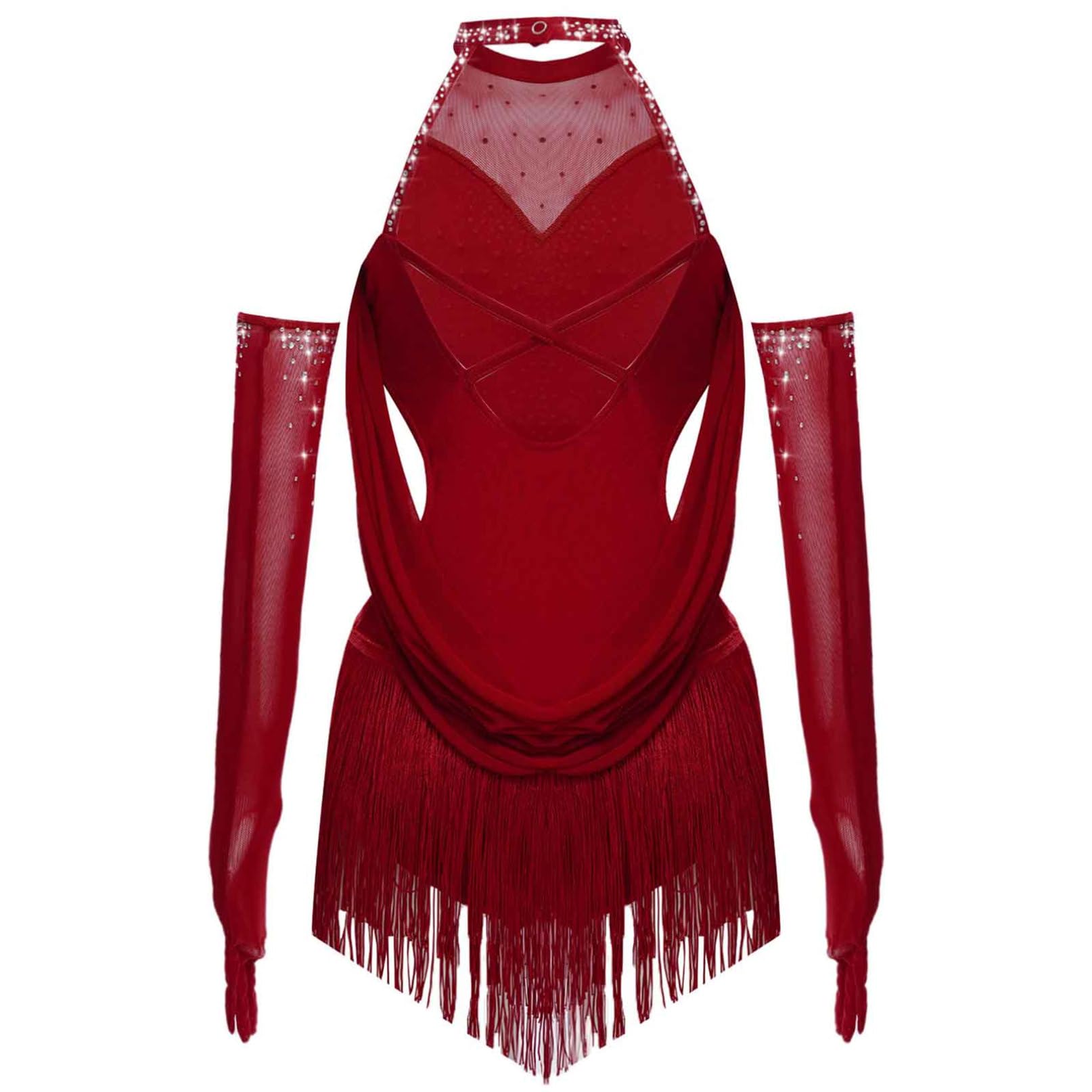 YiZYiF Abito da Ballo Latino per Ragazze con 1 Paio di Guanti a Rete Body da Danza Classica Moderna Vestito Pattinaggio Artistico Costume da Danza