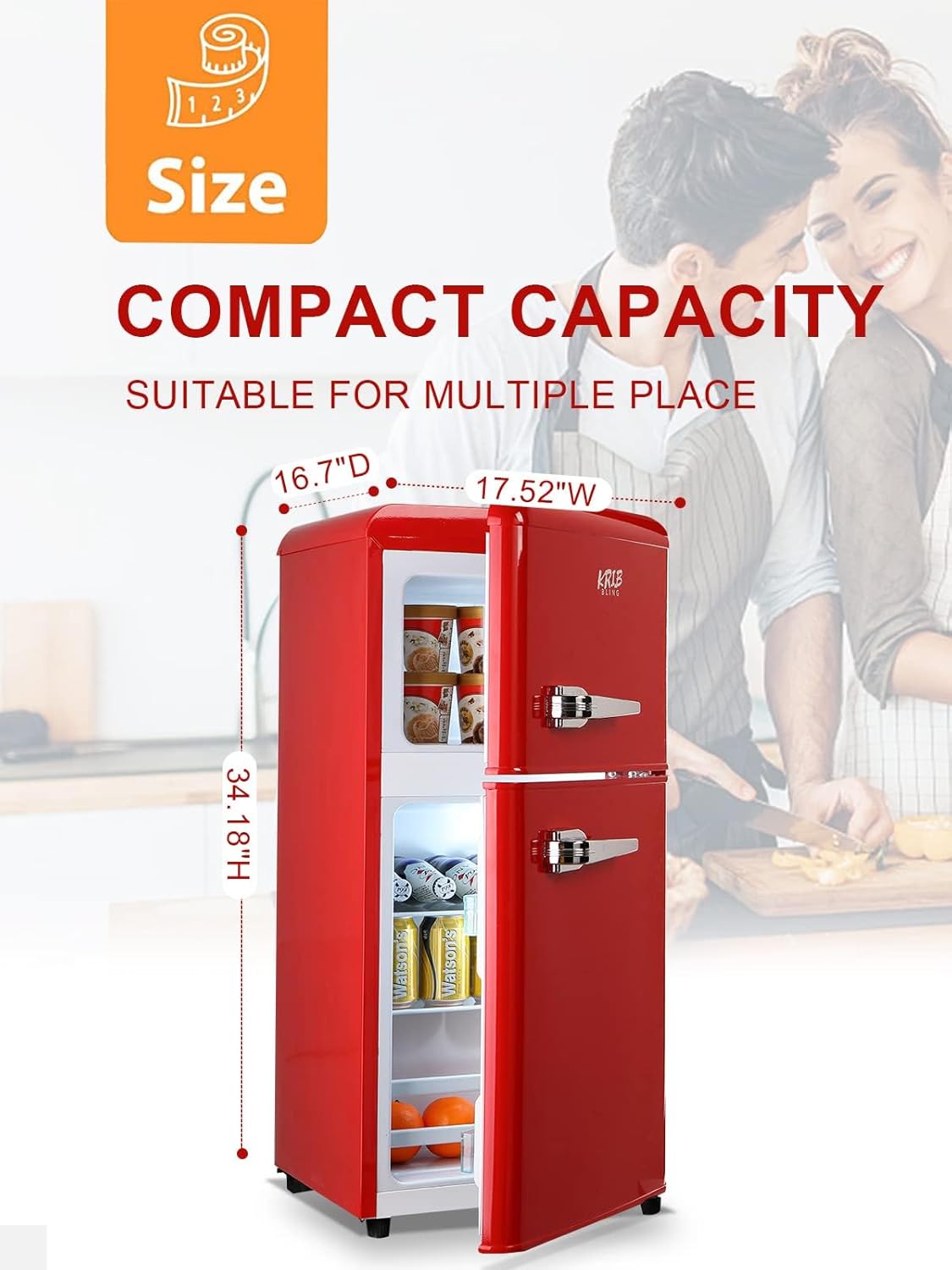 KRIB BLING Refrigerator with Freezer 3.5 Cu.Ft with 7 Level Adjustable Thermostat Control 2 Door Energy Saving Top-Freezer Compact Refrigerator Red