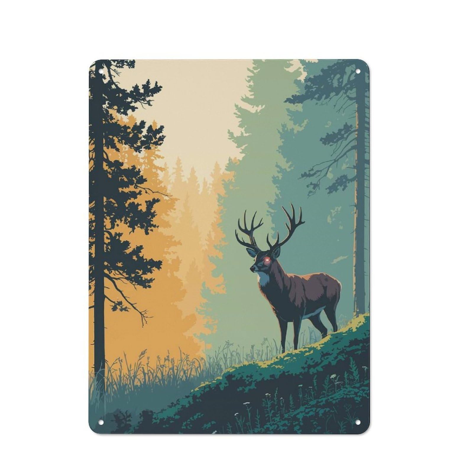 Retro Deer in Forest with Glowing Eyes Metal Sign 40x30cm, Home Bar Decor for Pub, Home Bar, Shed Or Man Cave, for Relaxed Wall Styling