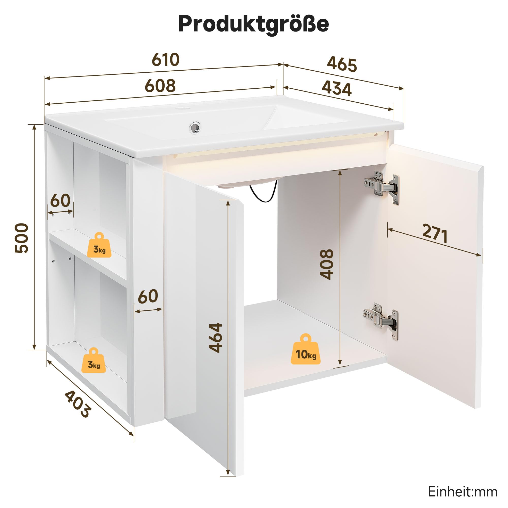 SONNI Badmöbel Set Waschbecken mit Unterschrank 60cm, inkl. Keramikwaschbecken, LED-Lichtleiste, Offenem Fach, Hängend, Grifflos, Hochglanz Weiß, Badezimmermöbel, 60x50x50cm.