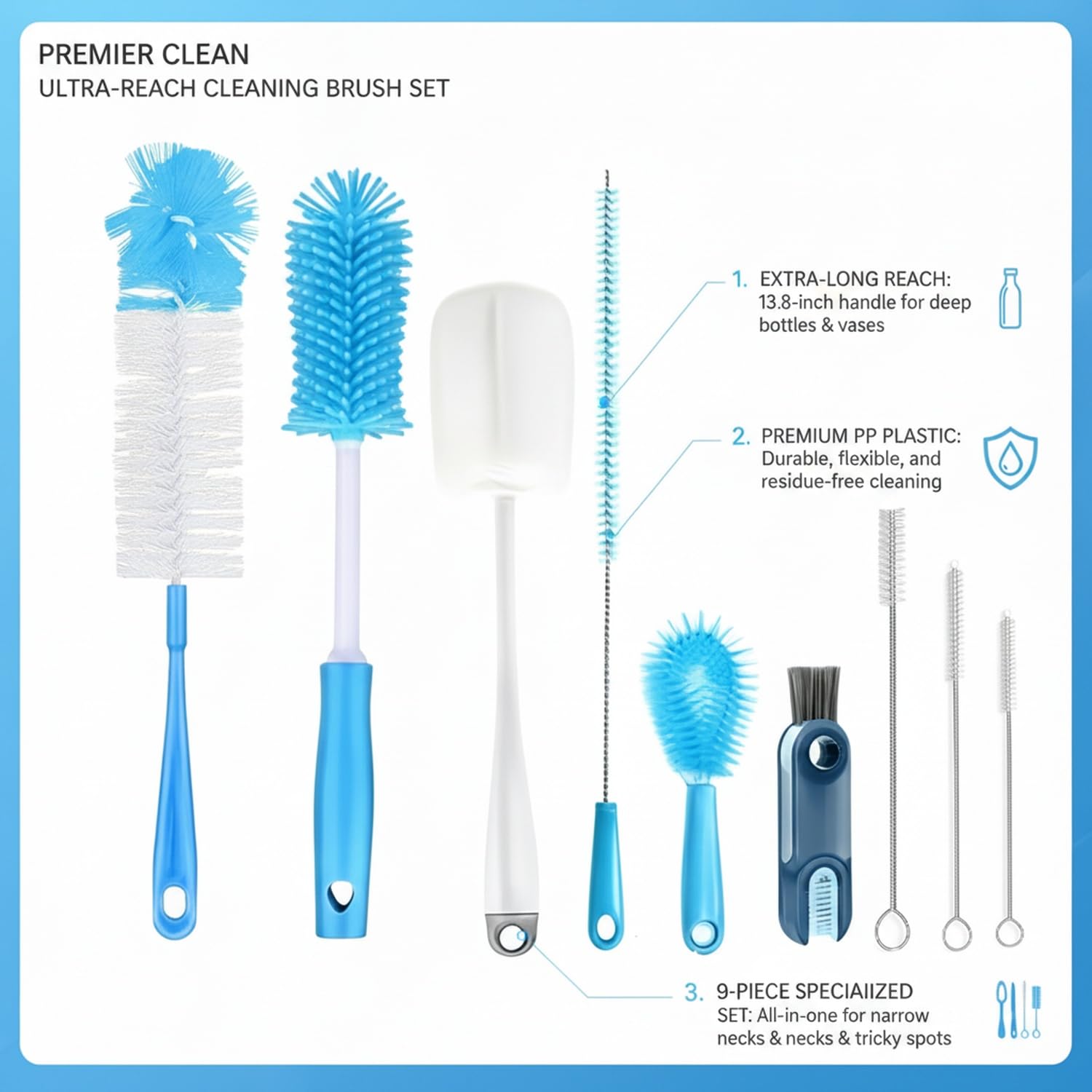 Küchenbürsten Set, 9-teilig aus PP-Kunststoff für Flaschen, Gläser und Spüle (Set of 9)