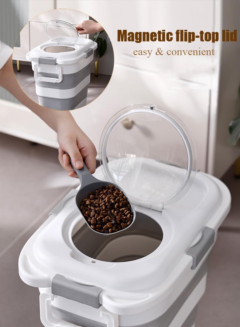 Airtight Dog Food Storage Container, Collapsible Pet Food Container with Casters, Scoop and Cup - Keeps Up to 25 Lbs and Large Capacity