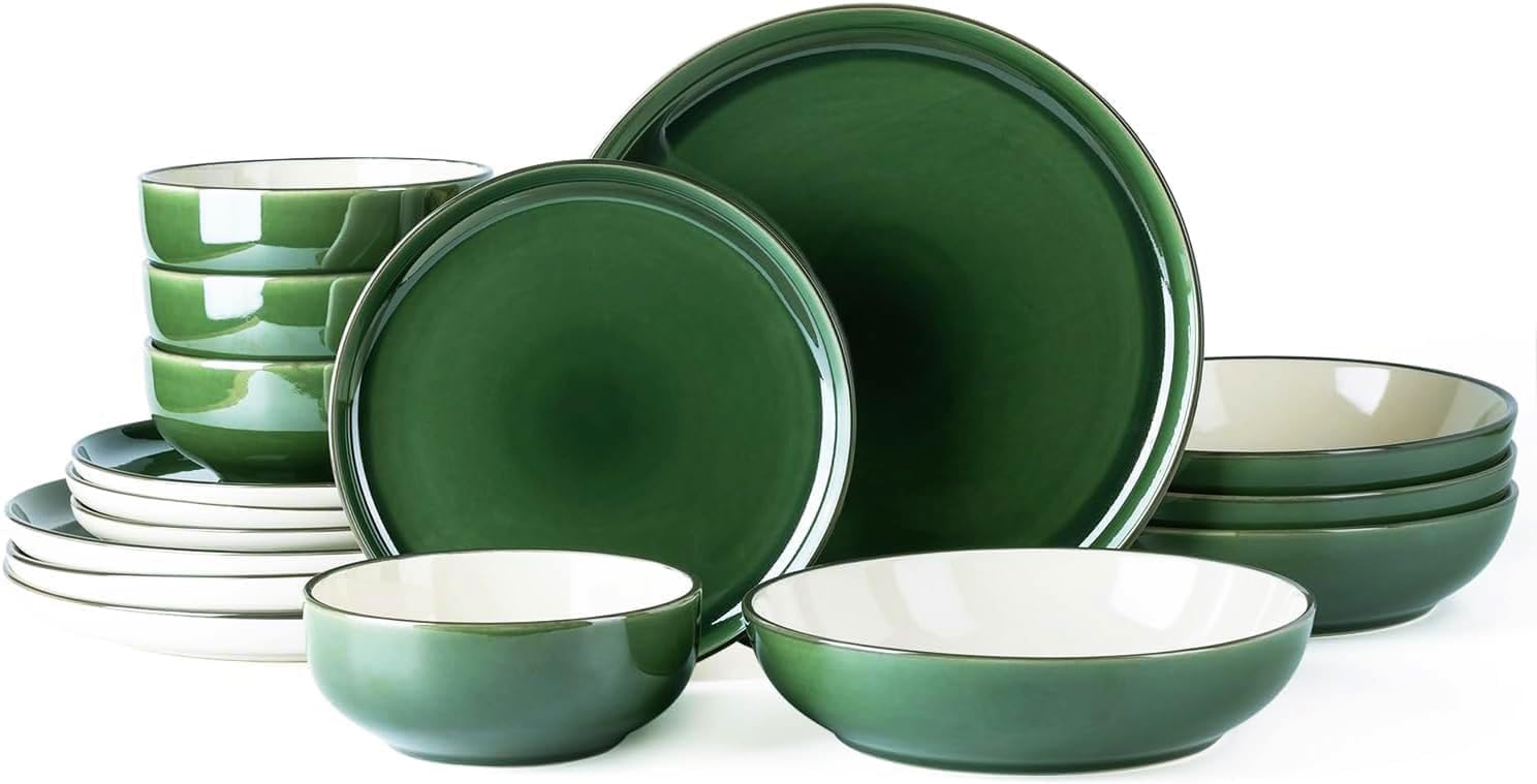 GBHOME Ceramic Dinnerware Set For 8 — Stoneware Plates & Bowls, Chip Resistant, Dishwasher/Microwave/Oven Safe, Reactive Glaze Green