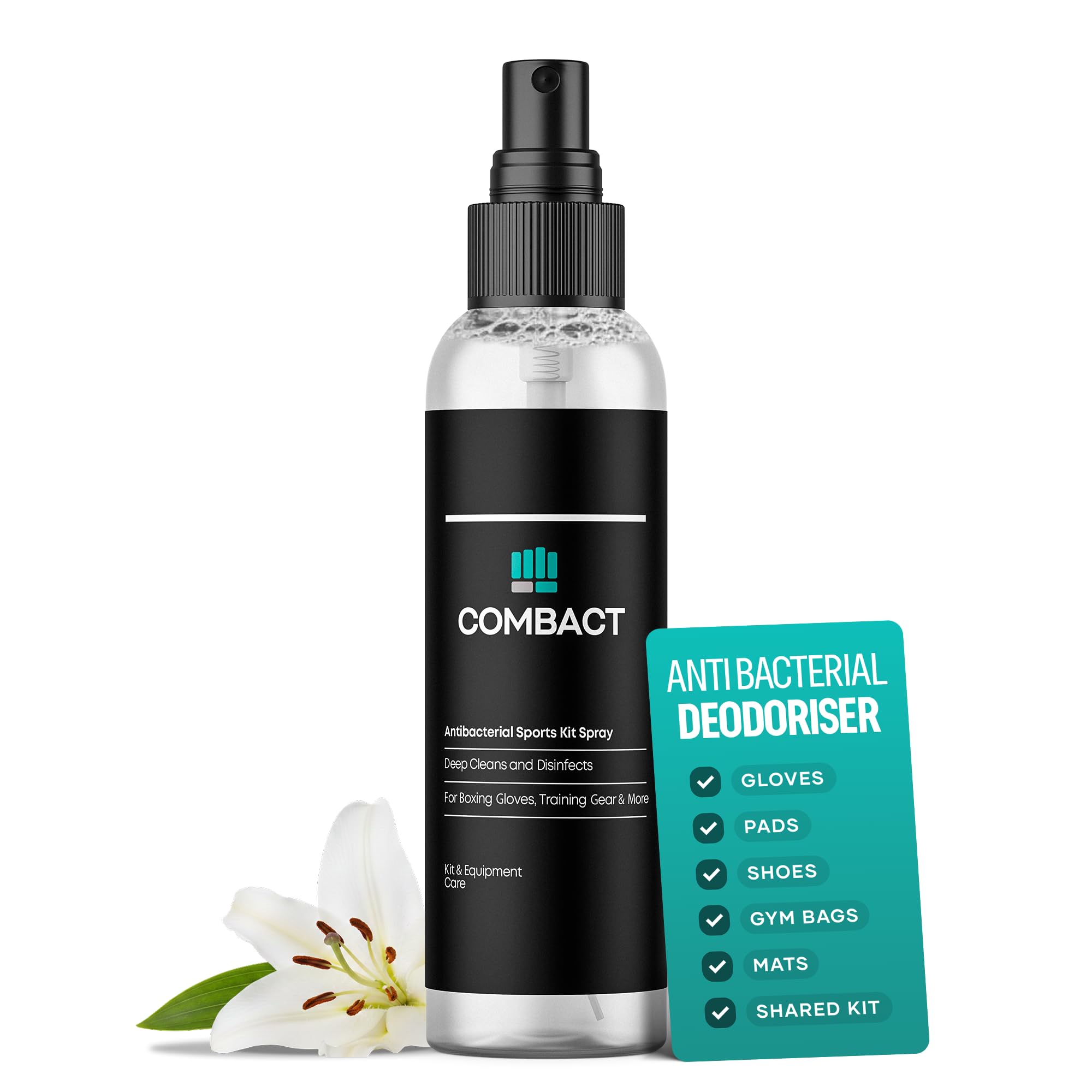 COMBACT Anti Bacterial Boxing Glove Deodoriser Spray | Glove Disinfectant & Sports Kit Cleaner for Pads, Shoes, Mats & Gym Bags | Kills 99.9% of Germs, Floral Scent, 150ml