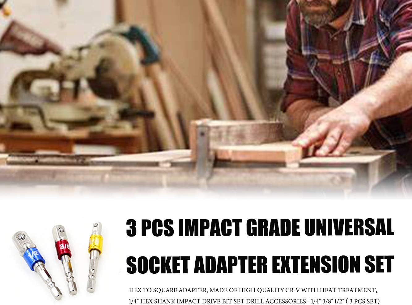 Impact Grade Socket Adapter Set, Impact Driver Bit Set Socket Adapter Drill Bit Extension Set, 3 PCS 1/4" 3/8" 1/2" Hex Shank Drill Tool Accessories-Silver