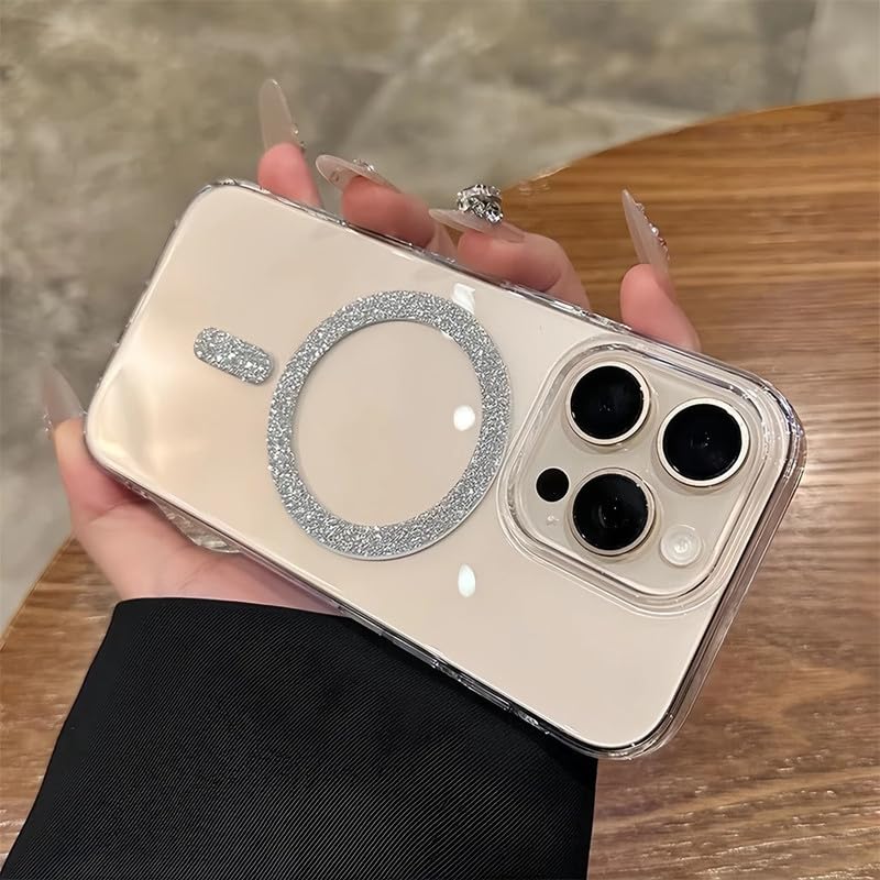 Image of COVERLY Ultra Thin Slim Sleek Hard Transparent Shinny Glitter Magnetic Ring Mag-Safe Case for iPhone 15 Pro Max Shockproof Case PC Clear Bling Spakly Cover