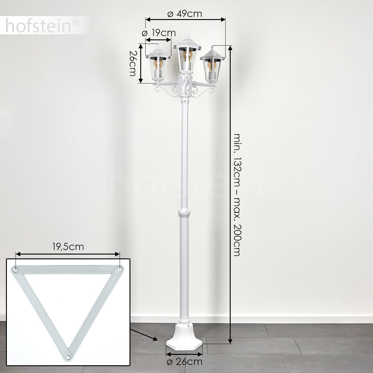 HOFSTEIN Lampe d'allée extérieure Loria, lampe d'allée en métal/verre en blanc/clair, candélabre à 3 flammes en look antique, hauteur max. 200 cm, éclairage de jardin IP44, 3 x E27, sans ampoules