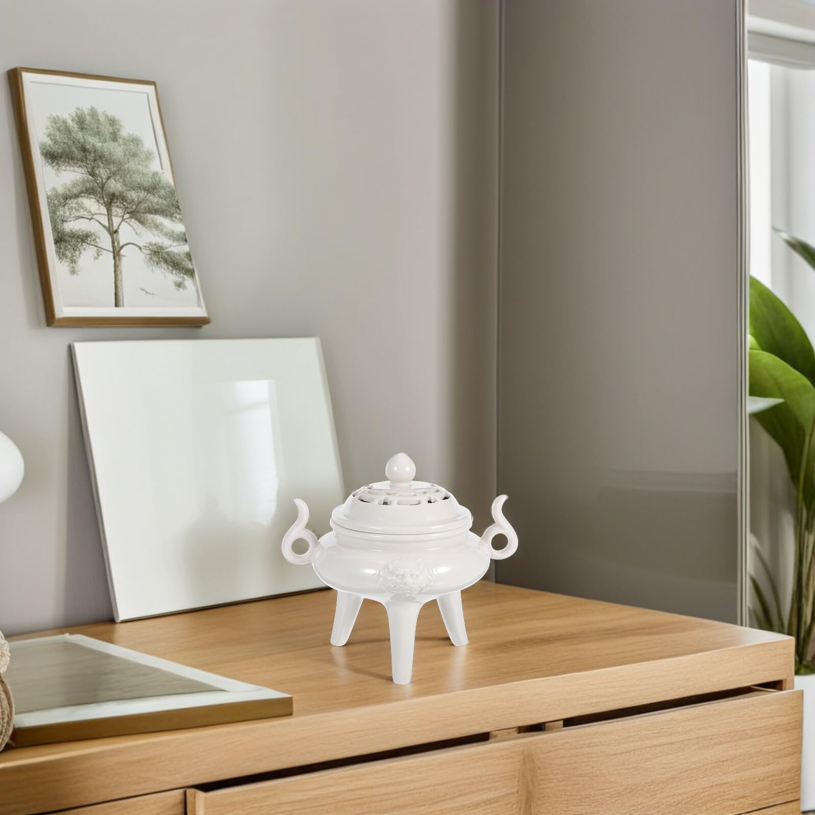 ORFOFE Dreibeiniger Keramik Räuchergefäß mit Deckel Dekorativer Aroma für Aromatherapie Meditation und Stilvolle Raumdekoration in Weiß