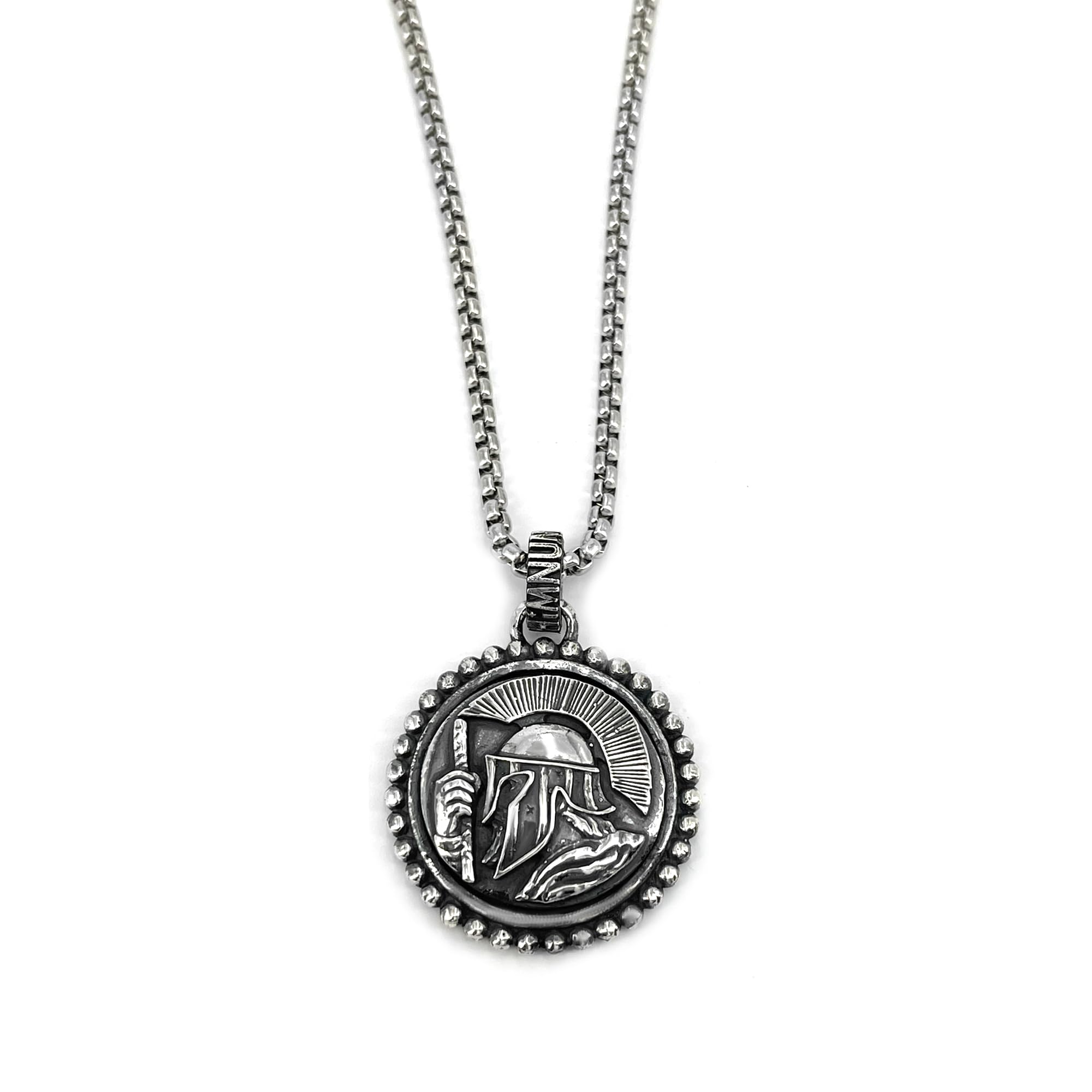 HIMNUM Medalla Guerrero Espartano - Collar Medalla Colgante Plata de 1ª Ley 925 y Cadena de Acero. Diseño Exclusivo. Regalo Único.