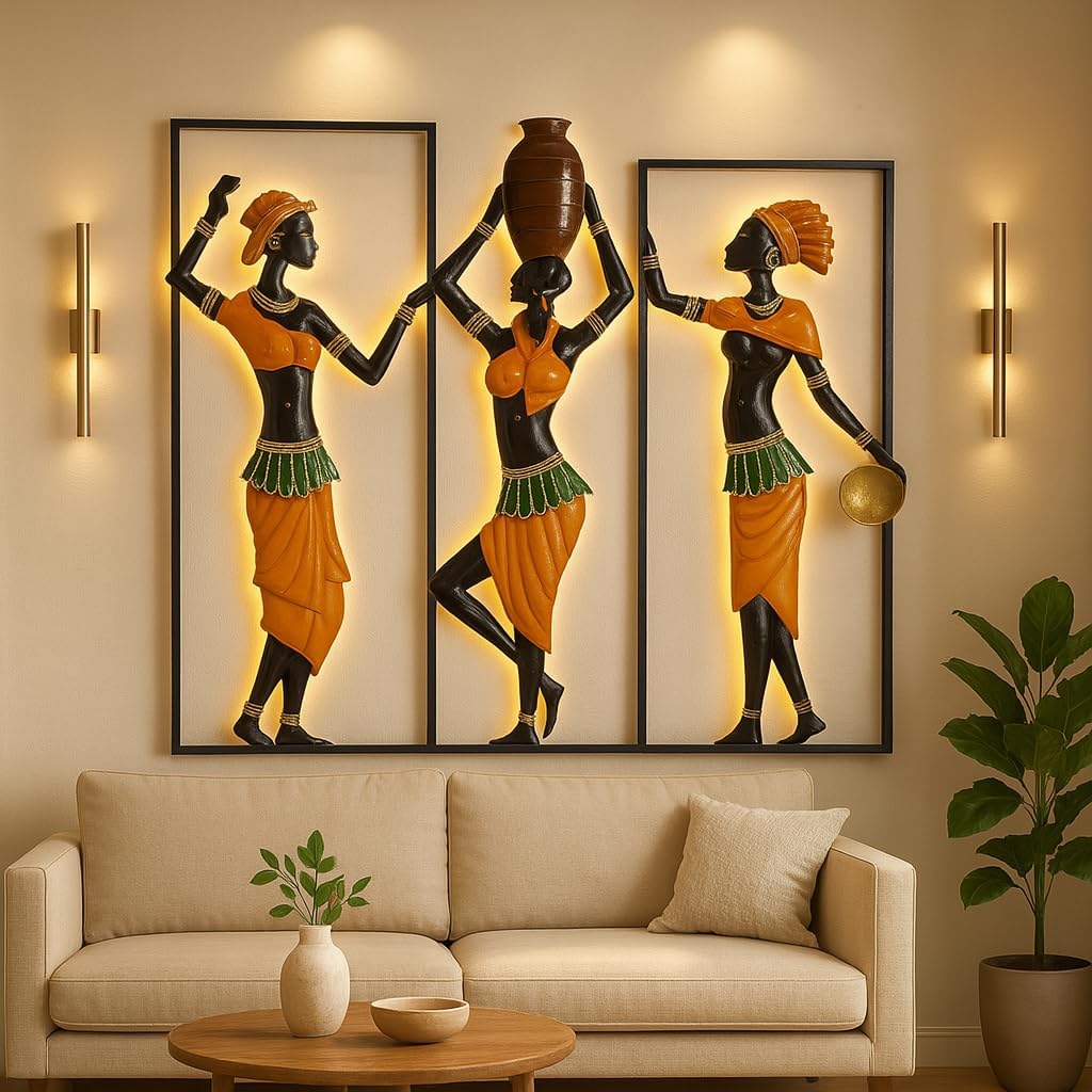 ZXC Metal African Tribal Art Wall Decor, 3-Panel LED Light Metal