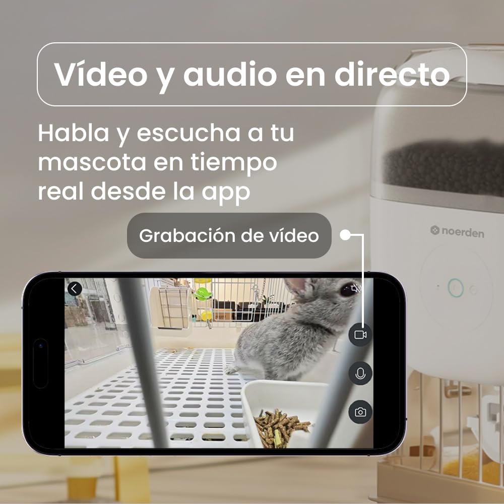 NOERDEN Hoppy Comedero con Cámara para Gatos y Perros Pequeños, Video en Vivo y Audio Bidireccional, Alimentación Programada hasta 10 Comidas al Día